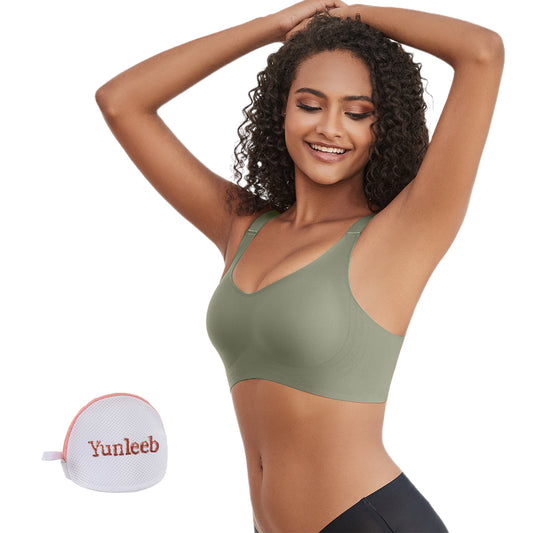 Yunleeb Seamless Bra Feel Air T-Shirt Wireless Bra with Support -Green